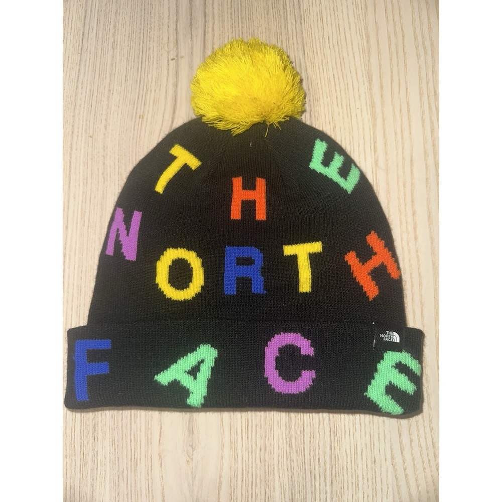 The North Face Black Yellow Multicolor Knit Beanie Pom-Pom Unisex Beanie Hat